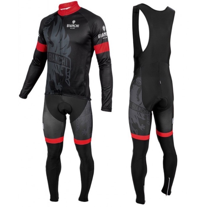 2016 Bianchi Milano Sorisole nero -Rosso Squadre Pro Abbigliamento Ciclismo Maglia Ciclismo Manica Lunga e Salopette Lunga 58639-ZF