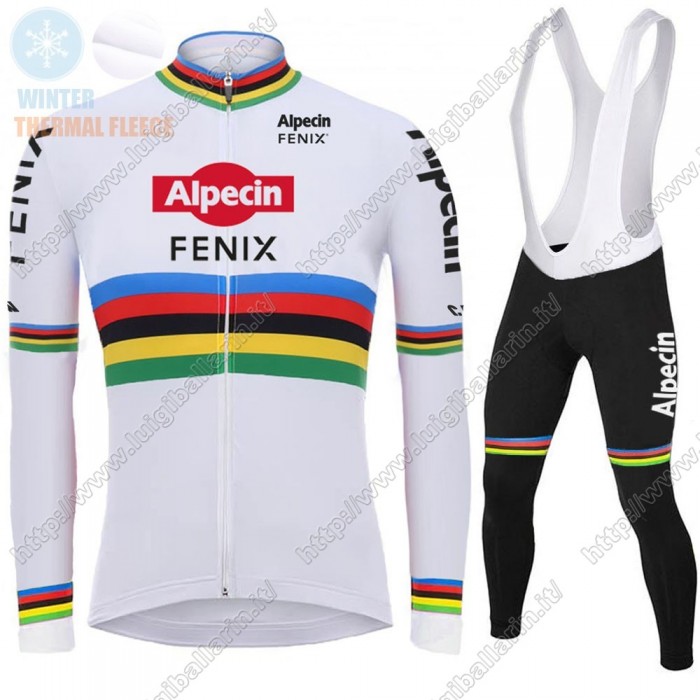 Winter 2021 Alpecin Fenix World Champion bianca Abbigliamento Maglia Ciclismo Manica Lunga e Salopette Lunga FALMD
